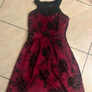 Burgundy dress with black rose print.